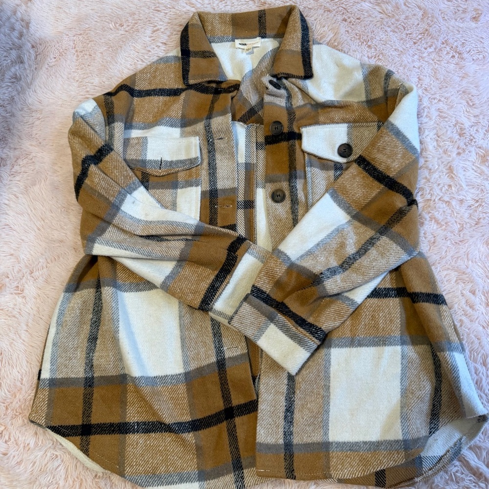 Fashion Nova Camel, Cream & Black Plaid Button-Down Shacket